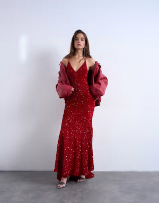 Topshop plunge velvet sequin full length maxi gown in red