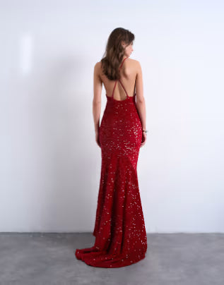 Topshop plunge velvet sequin full length maxi gown in red