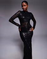 embellished lace long sleeve maxi dress with split in black