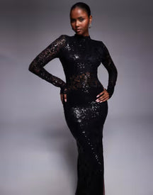 embellished lace long sleeve maxi dress with split in black