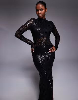 embellished lace long sleeve maxi dress with split in black