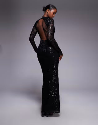 embellished lace long sleeve maxi dress with split in black