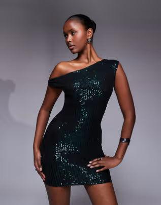 Kaiia exclusive twist off shoulder mini dress in midnight emerald sequin