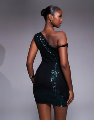 Kaiia exclusive twist off shoulder mini dress in midnight emerald sequin