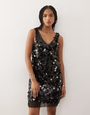 paillette sequined sleeveless mini dress with lace hem in black