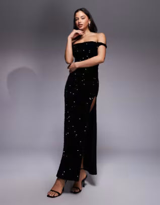 velvet sequin twist shoulder with lace-up back maxi dress in black