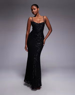 embellished grid sequin lace up back maxi dress in black