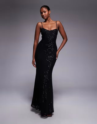 embellished grid sequin lace up back maxi dress in black