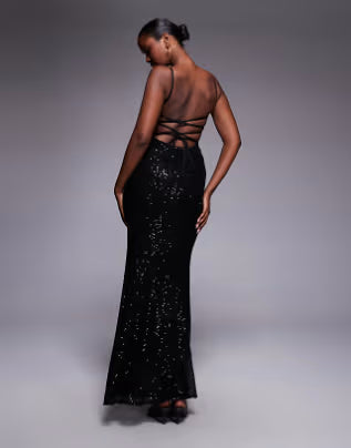 embellished grid sequin lace up back maxi dress in black