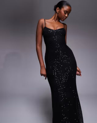 embellished grid sequin lace up back maxi dress in black