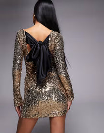 Kaiia exclusive slash neck satin bow tie back sequined mini dress in gold