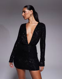 Marva plunge neck embellished mini dress in black