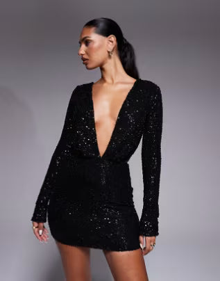 Marva plunge neck embellished mini dress in black