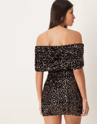 velvet sequin extreme ruched bardot mini dress in brown