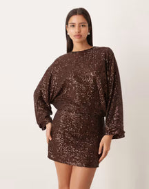 long sleeve sequined low back mini dress in dark brown