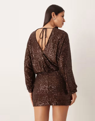 long sleeve sequined low back mini dress in dark brown