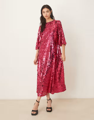 Empire sequin flutter sleeve dress in pink