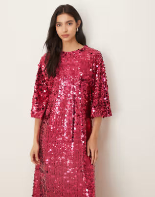 Empire sequin flutter sleeve dress in pink