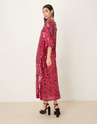 Empire sequin flutter sleeve dress in pink
