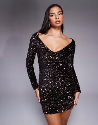 velvet sequined wide neck mini dress with ruched sleeve detailing in bronze
