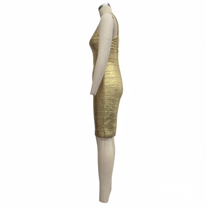 Gold Foil Sleeveless Bandage Dress, High Stretch Slimming Elegant Evening Gown