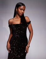 velvet sequin twist shoulder with lace-up back maxi dress in bronze
