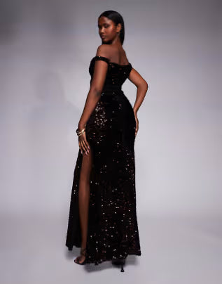 velvet sequin twist shoulder with lace-up back maxi dress in bronze