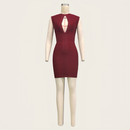 Wine Red Bandage Dress, Teardrop Cutout Slim Fit Bodycon Mini Dress