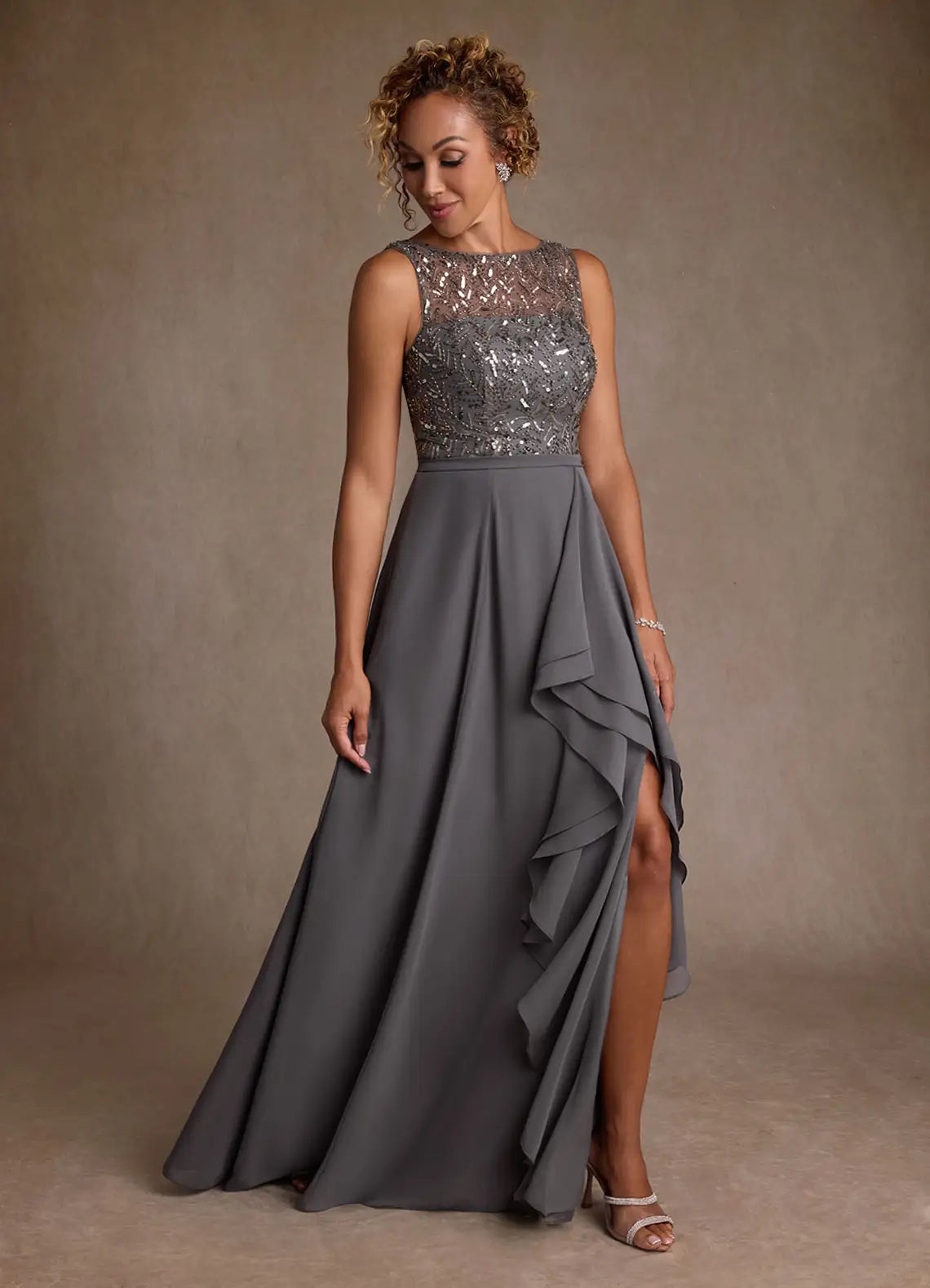 Steel Grey A-Line Sequins Dress