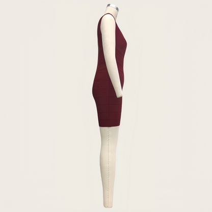 Wine Red Bandage Dress, Teardrop Cutout Slim Fit Bodycon Mini Dress