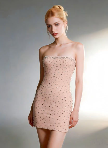 Women's Mesh Rhinestone Strapless Dress, Elegant Sparkly Bodycon Party Dress