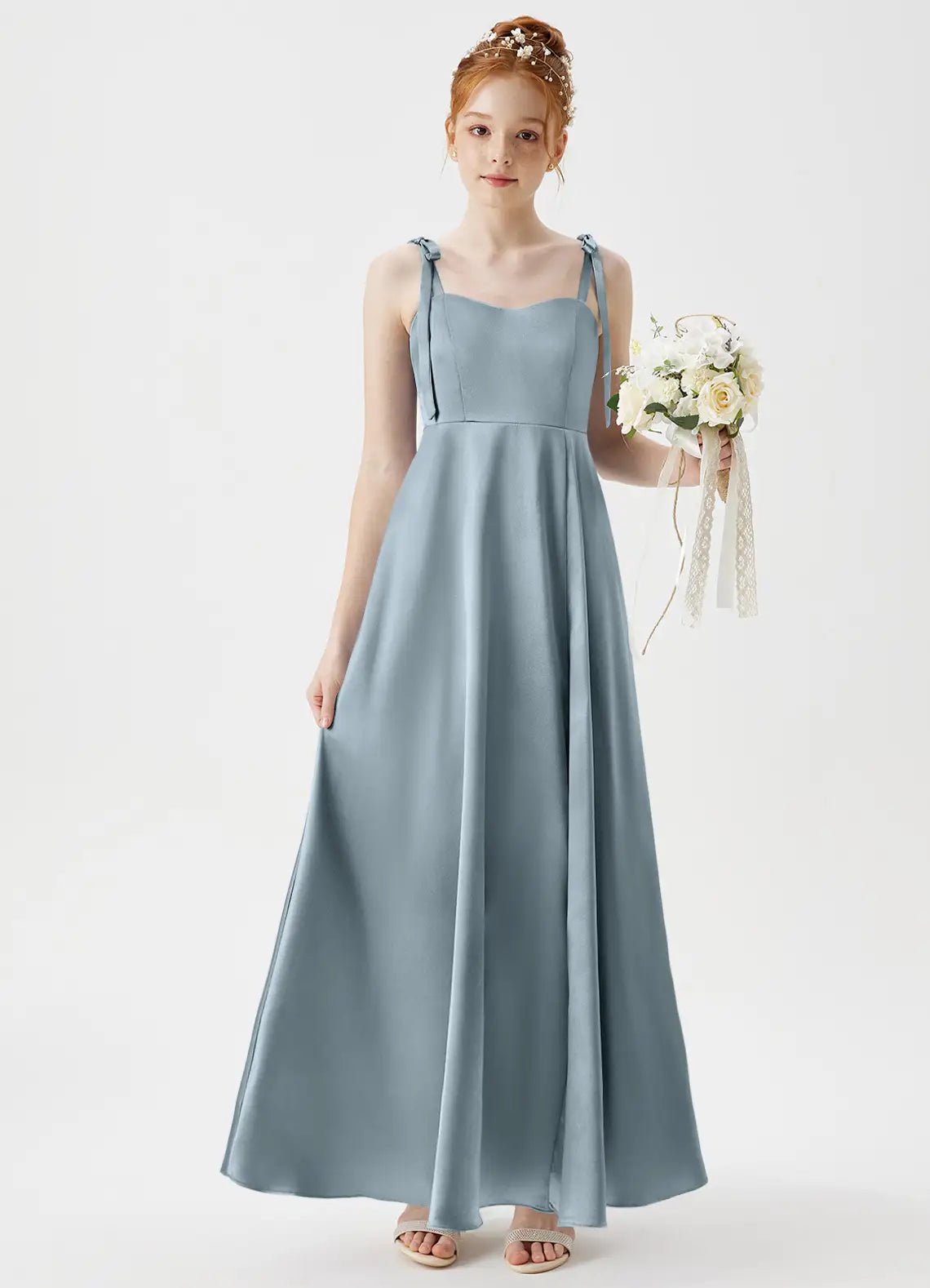 Dusty Blue A-Line Sweetheart Neckline Metallic Satin Dress