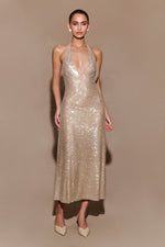 Genie Diamante Halter Midi Dress - Nude
