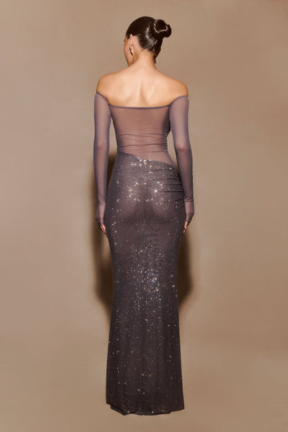 Nash Diamante Off Shoulder Maxi Dress - Gunmetal