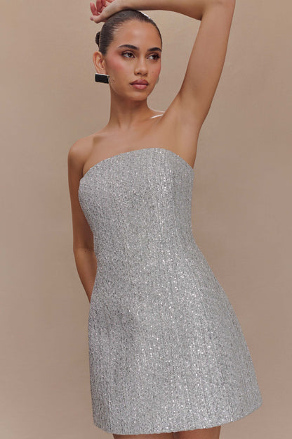 Gala Strapless Tweed Mini Dress - Silver