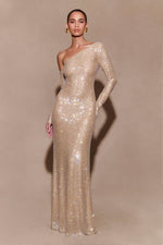 Marcia Diamante Long Sleeve Maxi Dress - Nude