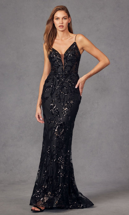 Strappy-Back Long Sequin-Print Prom Dress 2411
