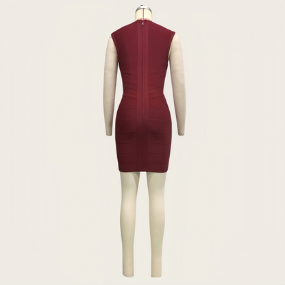 Wine Red Bandage Dress, Teardrop Cutout Slim Fit Bodycon Mini Dress