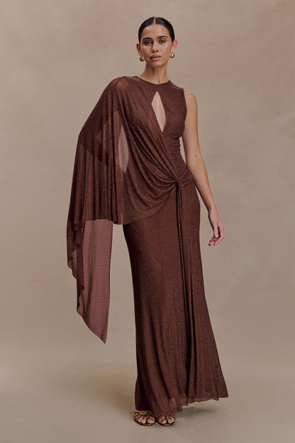 Bakari Diamante Cape Maxi Dress - Chocolate