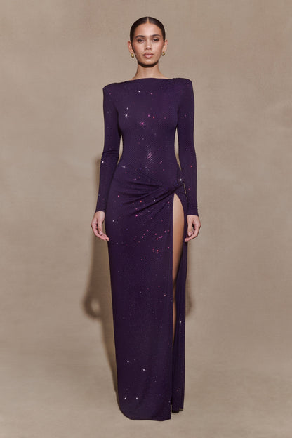 Deanna Long Sleeve Diamante Maxi Dress - Purple