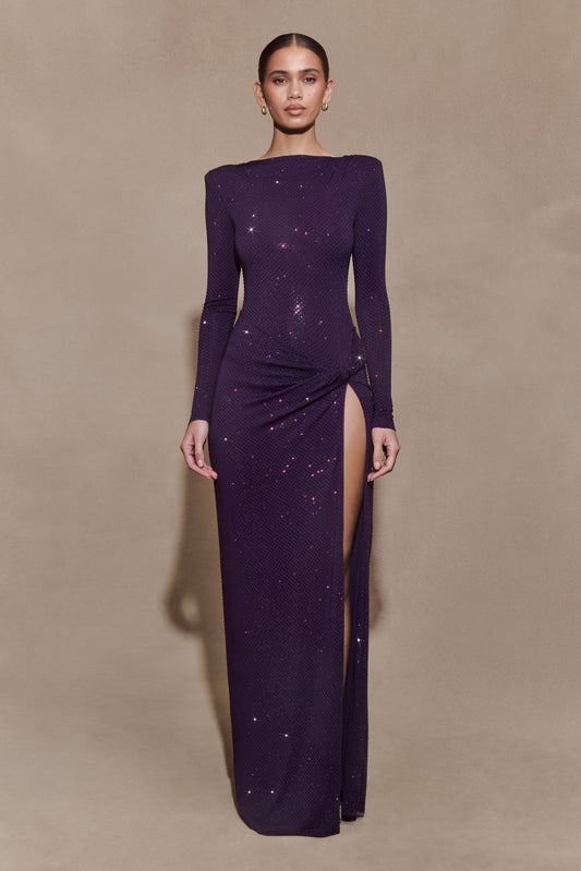 Deanna Long Sleeve Diamante Maxi Dress - Purple