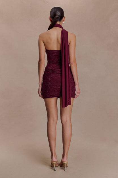 Mattea Diamante Mini Dress With Scarf - Plum