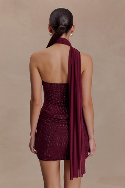 Mattea Diamante Mini Dress With Scarf - Plum