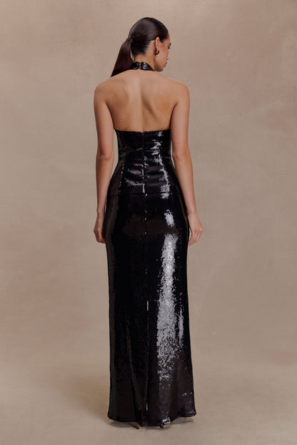 Bertie Sequin Peplum Halter Maxi Dress - Black
