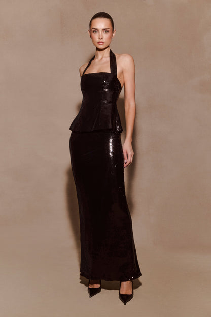 Bertie Sequin Peplum Halter Maxi Dress - Black