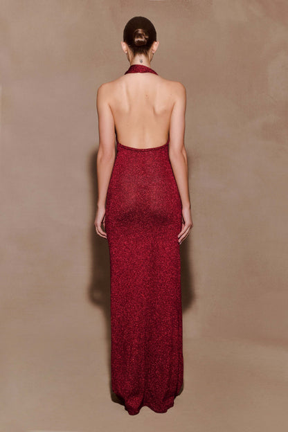 Elma Lurex Knit Halter Maxi Dress - Deep Red
