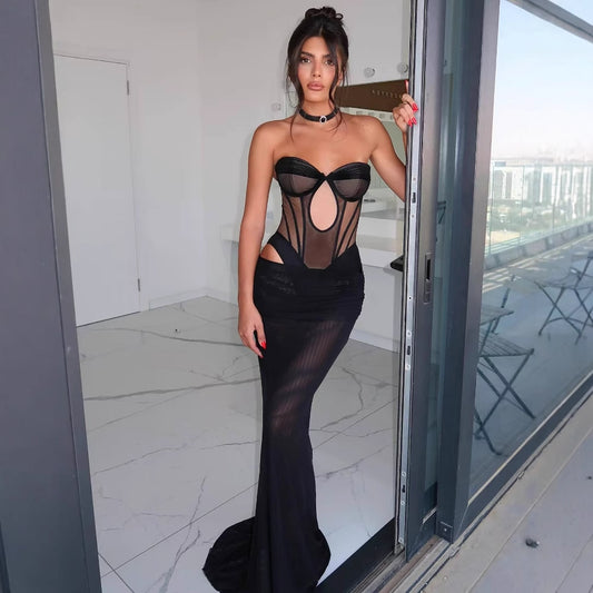 Women's Black Strapless Cutout Evening Gown, Elegant Sexy Bodycon Party Dress