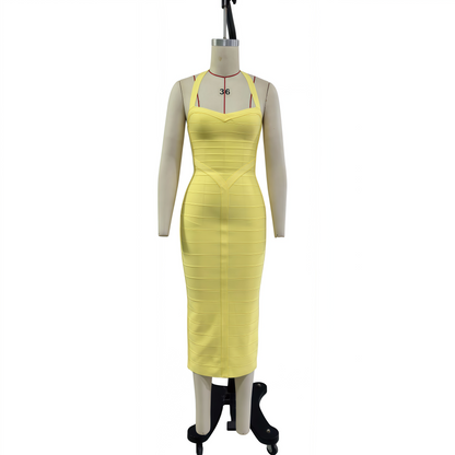 3D Tailored Halter Neck Strapless Bandage Dress, High Stretch Slimming Waist Midi Bodycon Gown