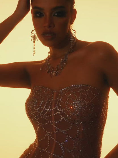 Pakpao Rhinestone Cobweb Mesh Dress