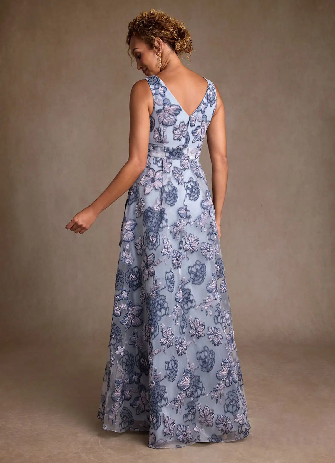 Dusty Blue Jacquard A-Line Pleated Floral Jacquard Dress